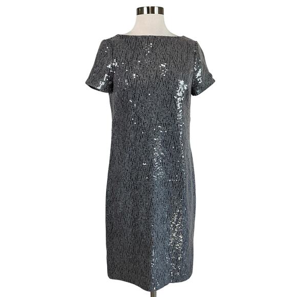 Ralph Lauren Sequined Cocktail Dress Gray Size 4 Short Sleeve Boat Neck Sheath - Picture 1 of 14